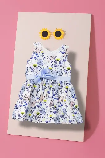 Elegant White Floral Frock – Ribbon Belt & Soft Color Flowers