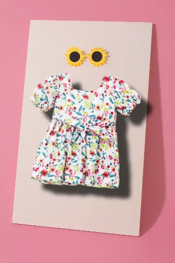 White Printed Frock – Multicolor Mini Graphics